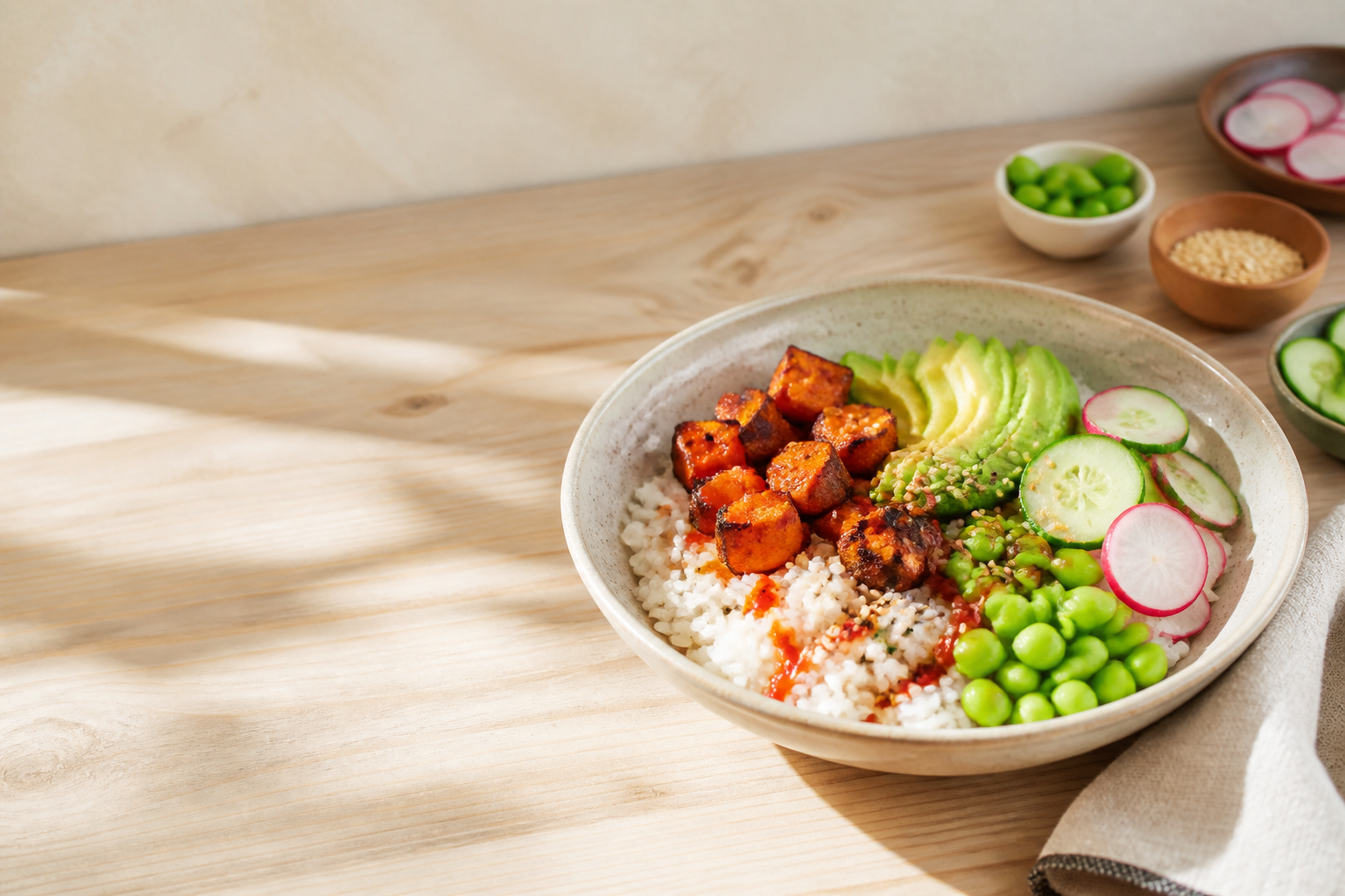 Colorful homemade grain bowl with avocado, sweet potato, cucumber and radish